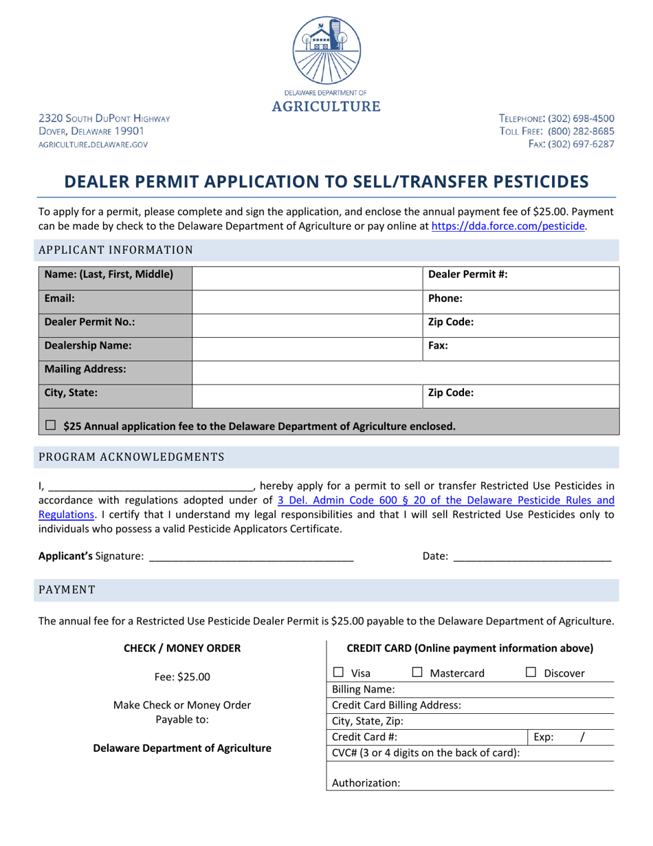Dealer Permit Application to Sell / Transfer Pesticides - Delaware, Page 1