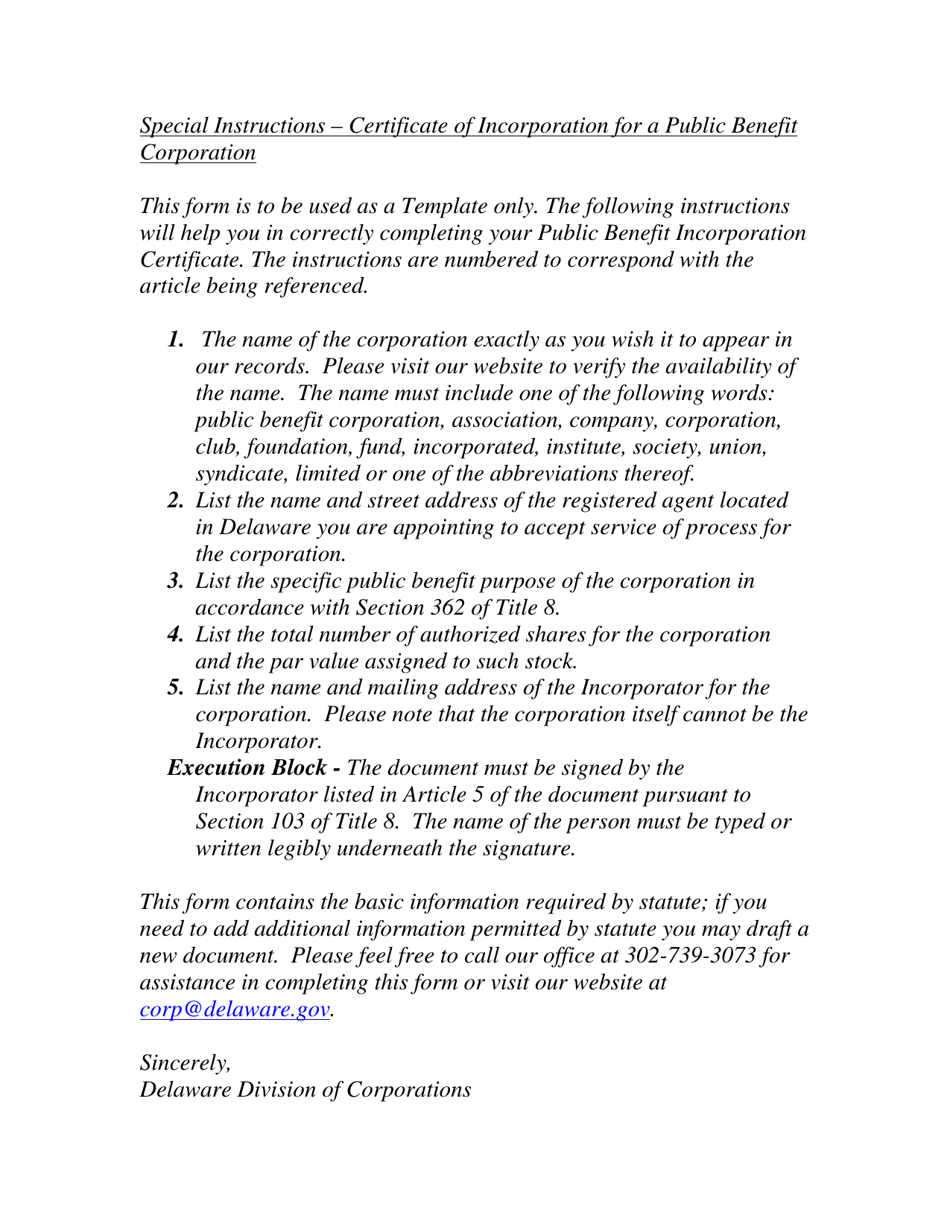 Certificate of Incorporation for a Public Benefit Corporation - Delaware, Page 2