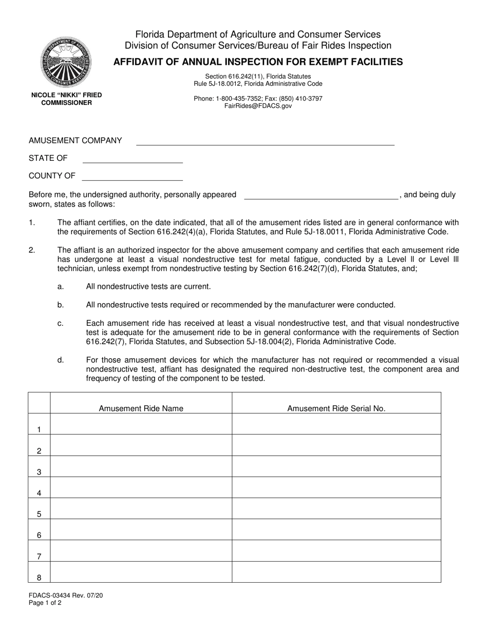 Form FDACS-03434 Affidavit of Annual Inspection for Exempt Facilities - Florida, Page 1