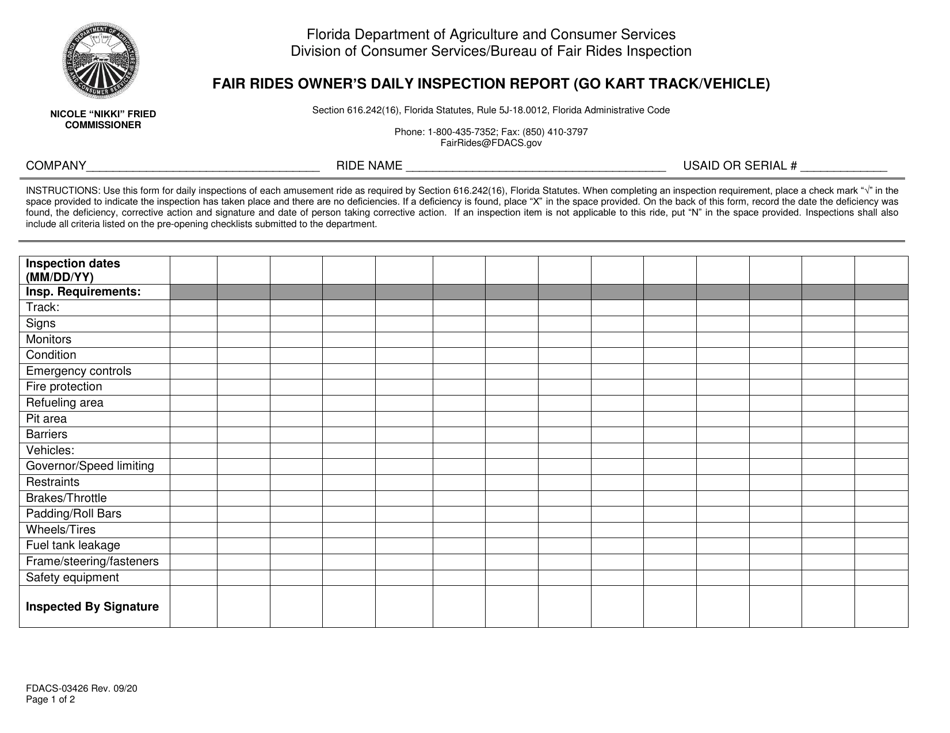 Form FDACS-03426 Fair Rides Owners Daily Inspection Report (Go Kart Track / Vehicle) - Florida, Page 1