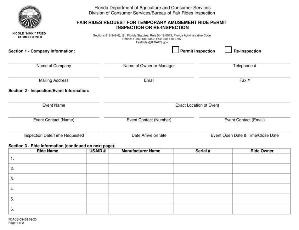 Form FDACS-03438 Fair Rides Request for Temporary Amusement Ride Permit Inspection or Re-inspection - Florida, Page 1