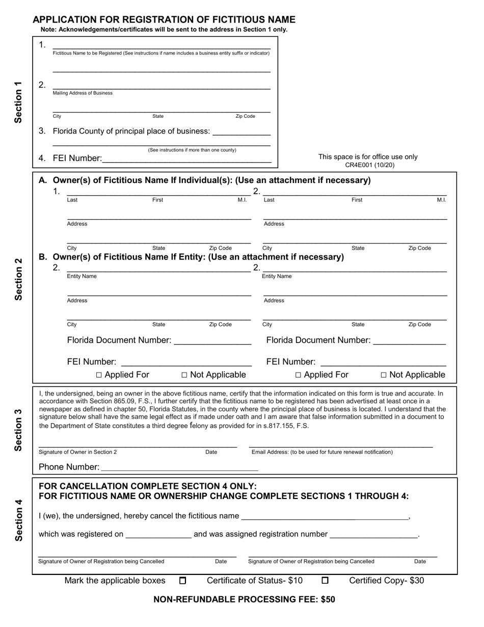 Form CR4E001 Application for Registration of Fictitious Name - Florida, Page 1