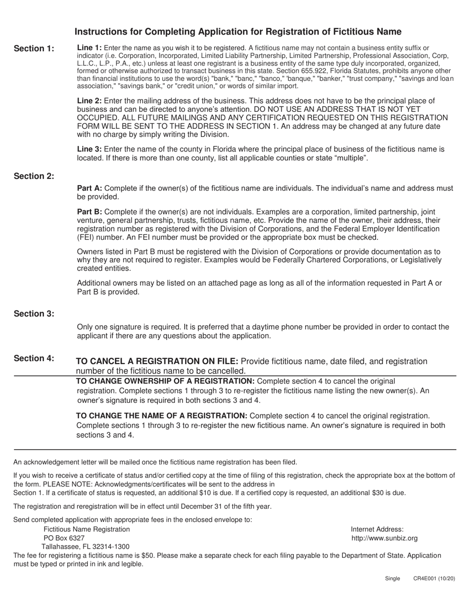 Form CR4E001 Application for Registration of Fictitious Name - Florida, Page 2