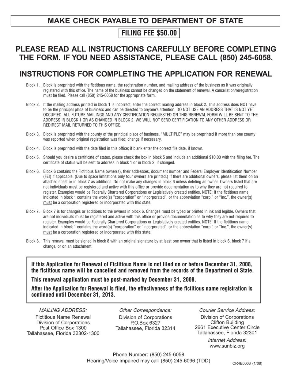 Form CR4E003 Application for Renewal of Fictitious Name - Florida, Page 2