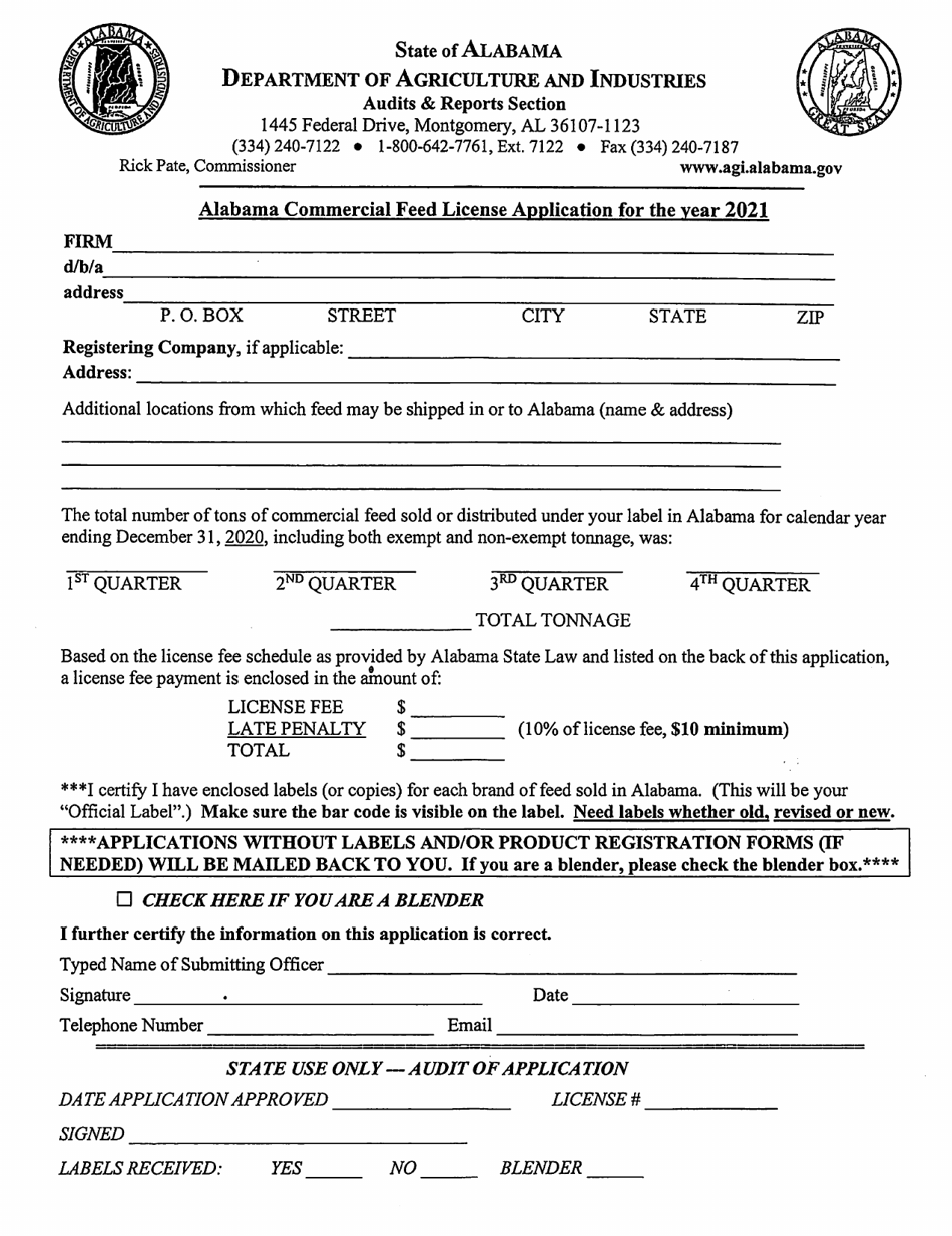 Alabama Commercial Feed License Application - Alabama, Page 1