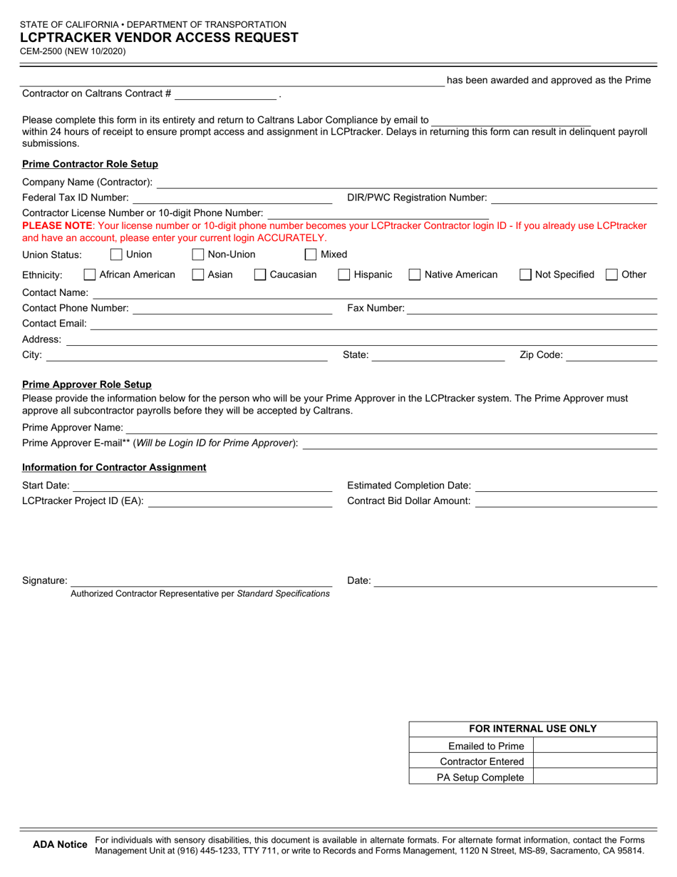Form CEM-2500 Download Fillable PDF or Fill Online Lcptracker Vendor ...