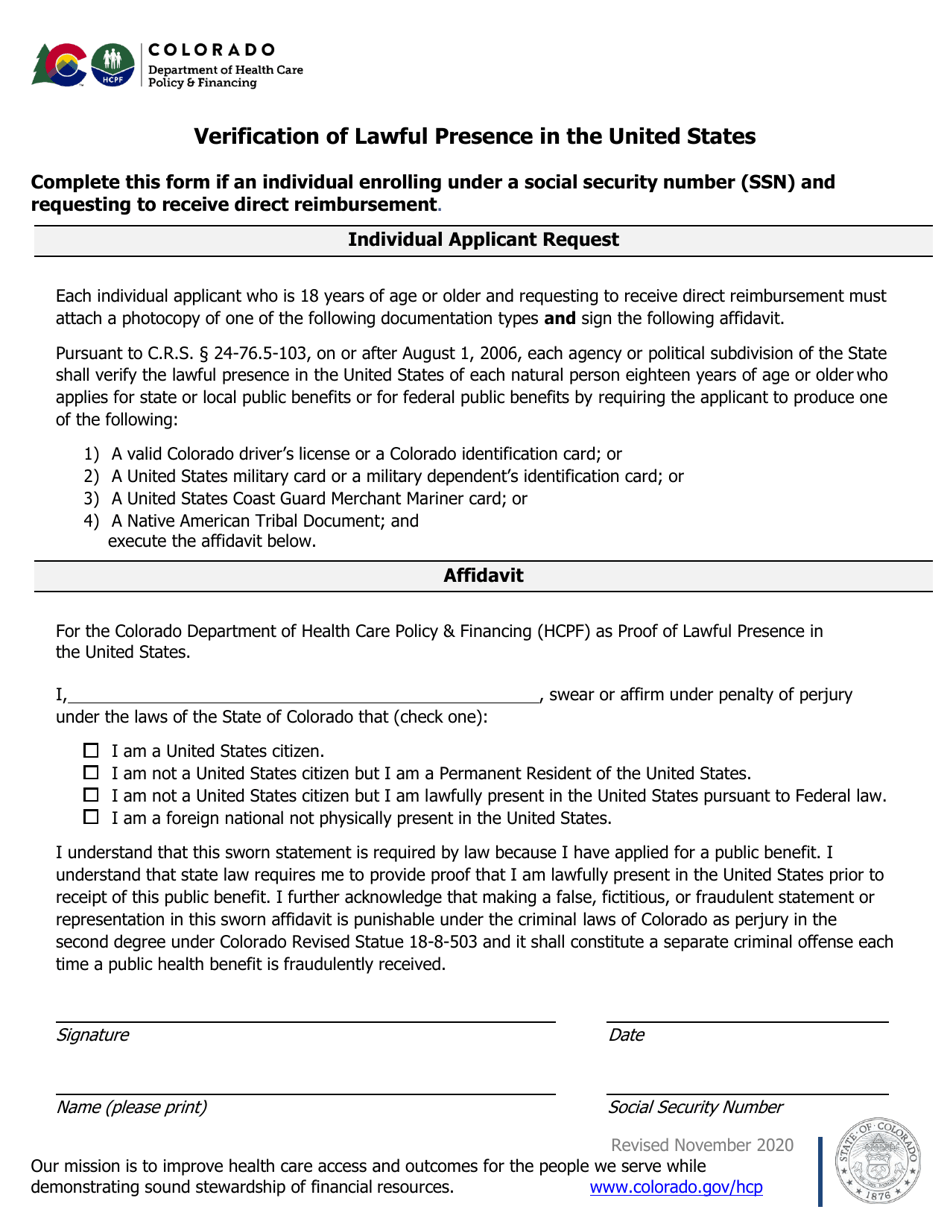 Verification of Lawful Presence in the United States - Colorado, Page 1