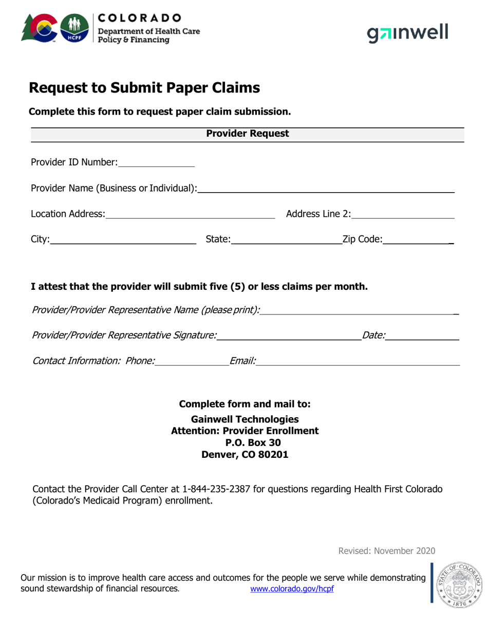 Request to Submit Paper Claims - Colorado, Page 1