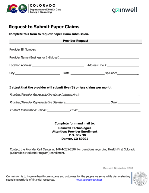 Request to Submit Paper Claims - Colorado Download Pdf