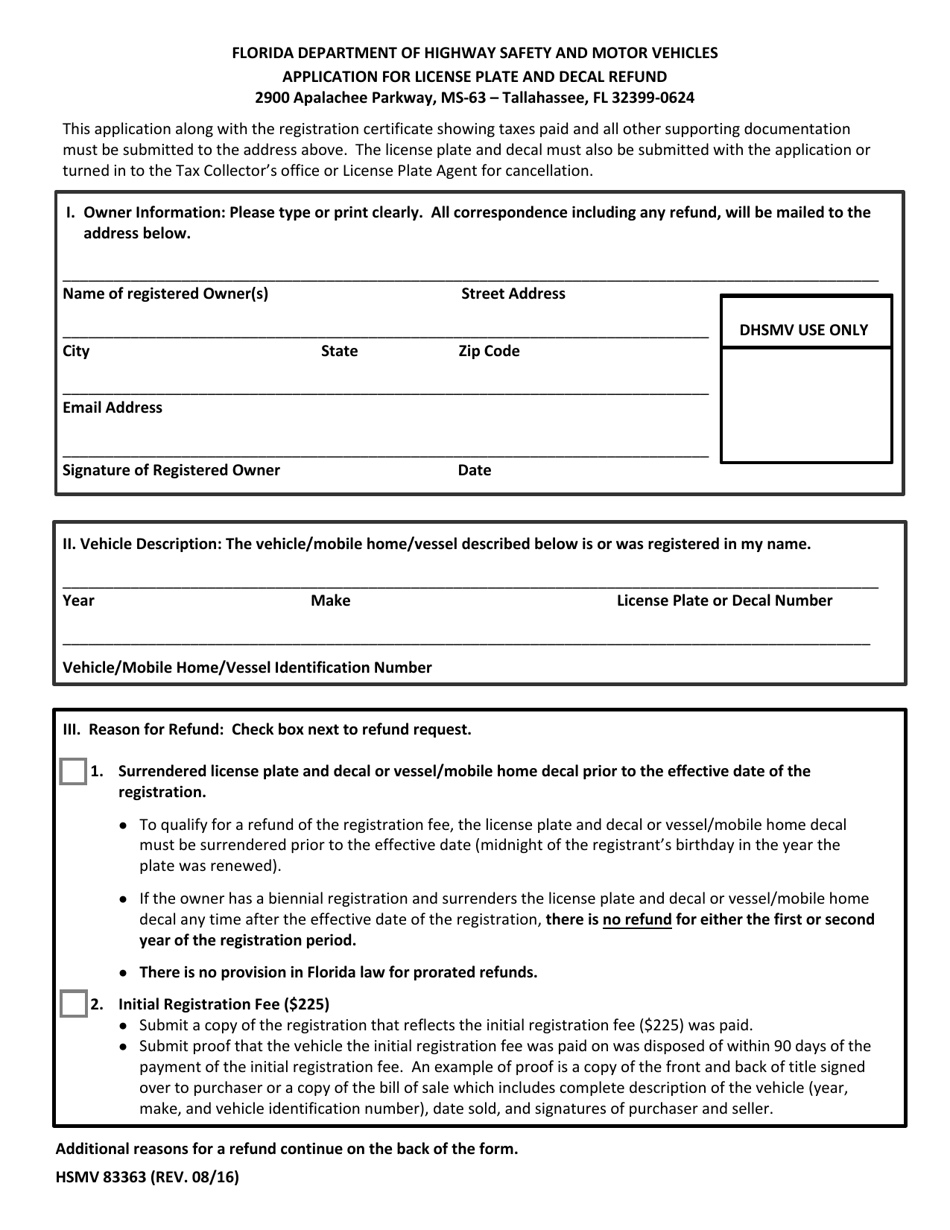 Form HSMV83363 Application for License Plate and Decal Refund - Florida, Page 1