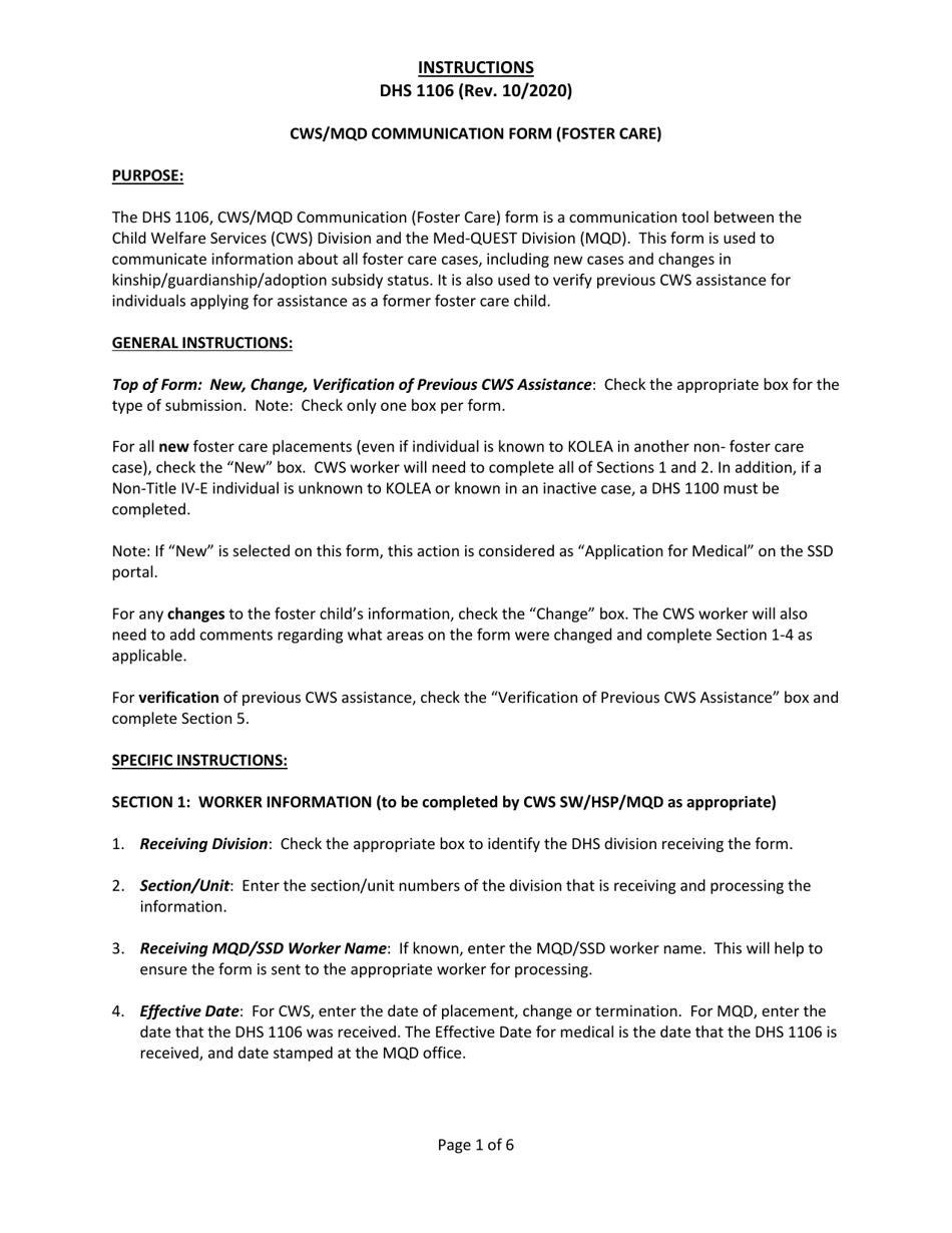 Download Instructions for Form DHS1106 Cws/Mqd Communication Form