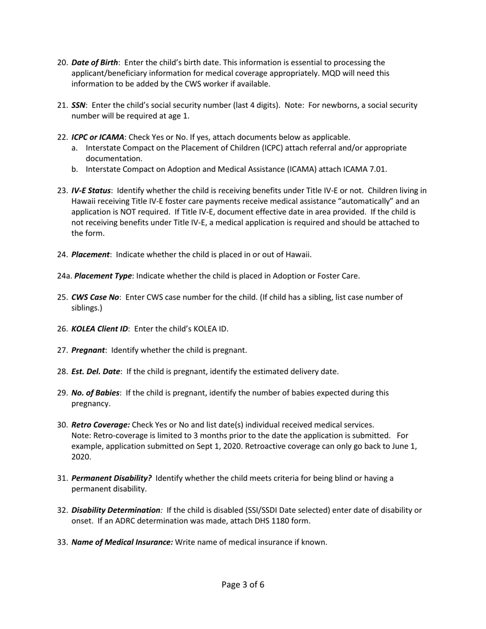 Instructions for Form DHS1106 Cws / Mqd Communication Form (Foster Care) - Hawaii, Page 3