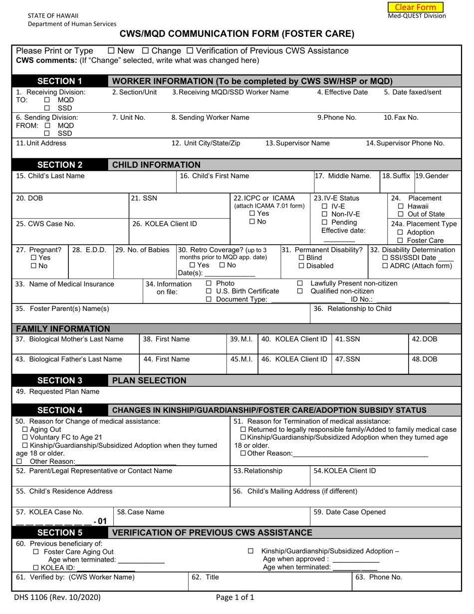 Form DHS1106 Cws / Mqd Communication Form (Foster Care) - Hawaii, Page 1