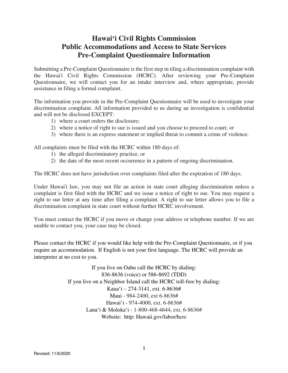 Pre-complaint Questionnaire - Public Accommodations / Access to State and State Funded Services - Hawaii, Page 1