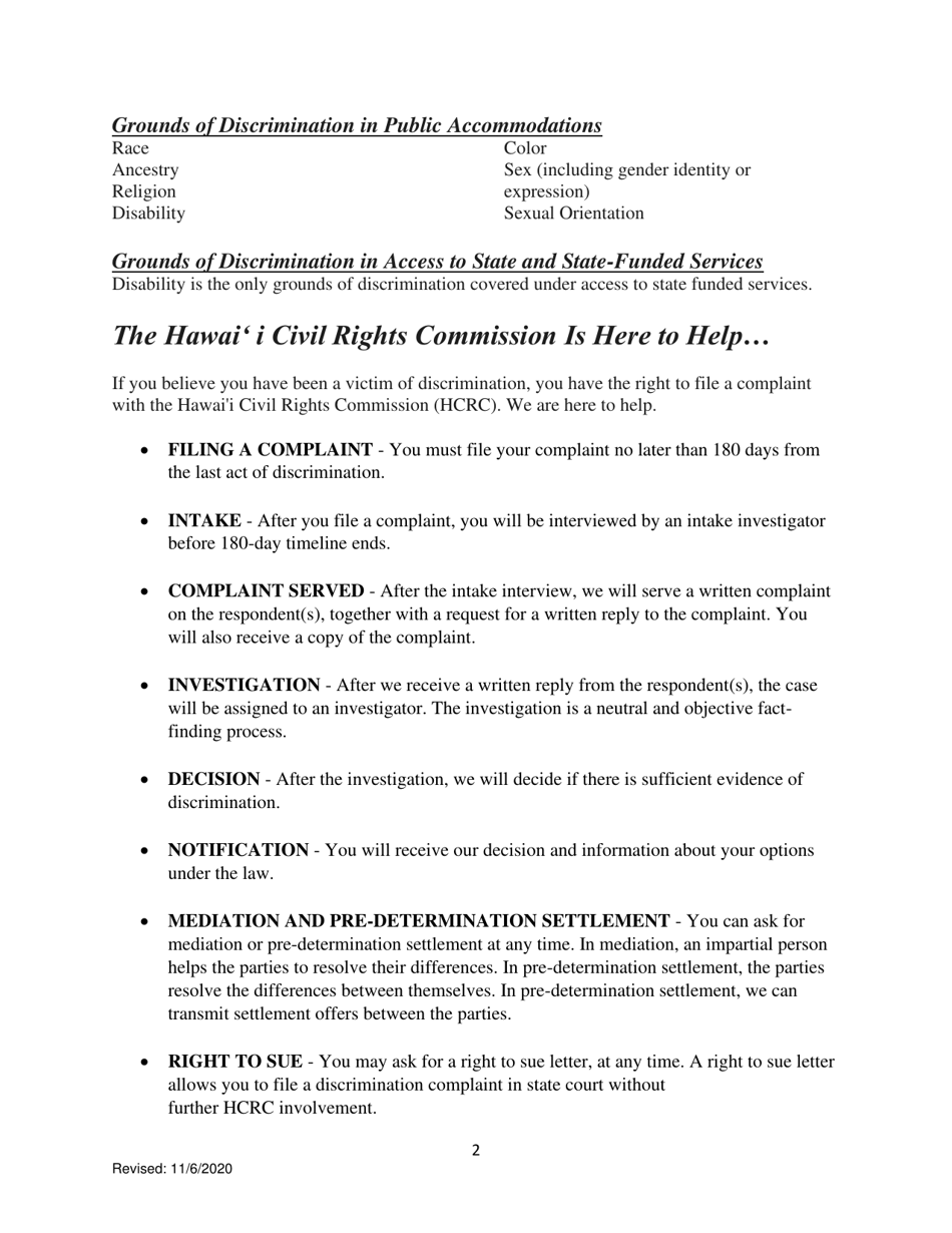 Pre-complaint Questionnaire - Public Accommodations / Access to State and State Funded Services - Hawaii, Page 2