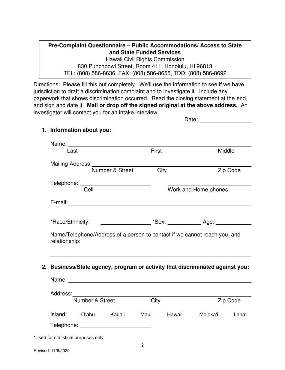 Pre-complaint Questionnaire - Public Accommodations / Access to State and State Funded Services - Hawaii, Page 3