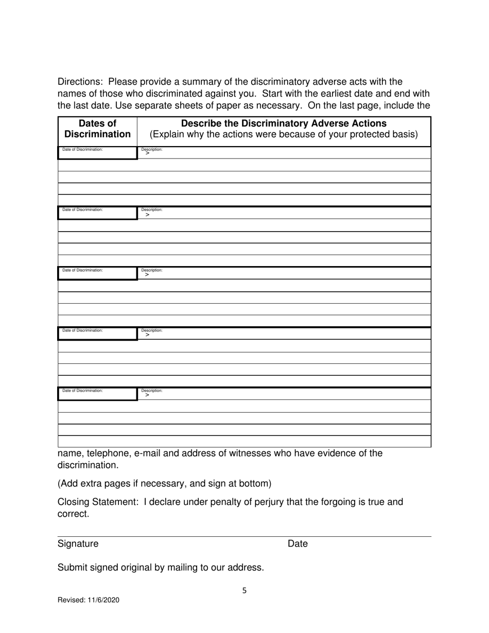 Pre-complaint Questionnaire - Public Accommodations / Access to State and State Funded Services - Hawaii, Page 6