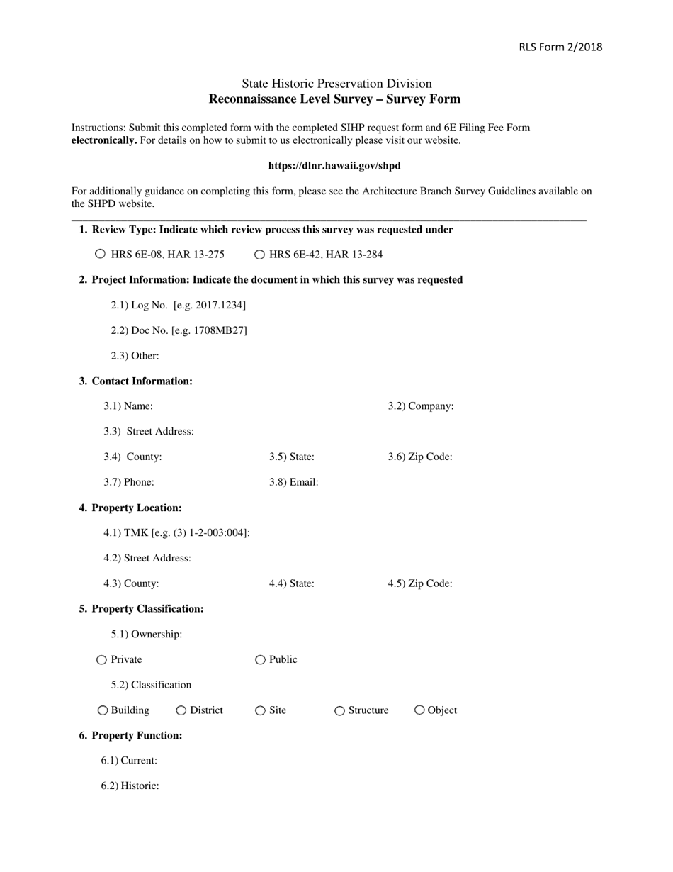 Reconnaissance Level Survey - Survey Form - Hawaii, Page 1