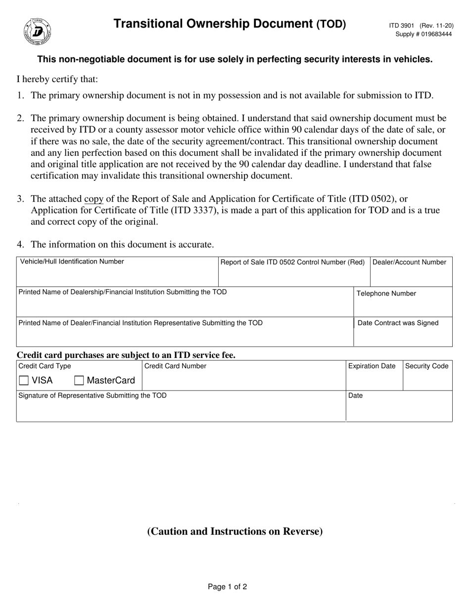 Form ITD3901 Transitional Ownership Document (Tod) - Idaho, Page 1