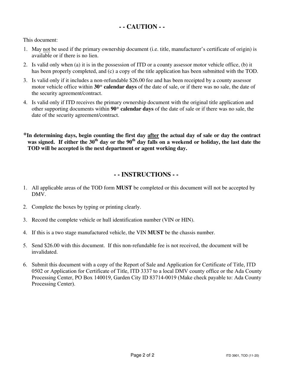 Form ITD3901 Transitional Ownership Document (Tod) - Idaho, Page 2