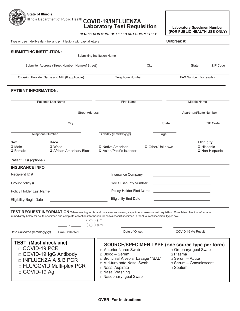 Form IL482-1039 Covid-19 / Influenza Laboratory Test Requisition - Illinois, Page 1