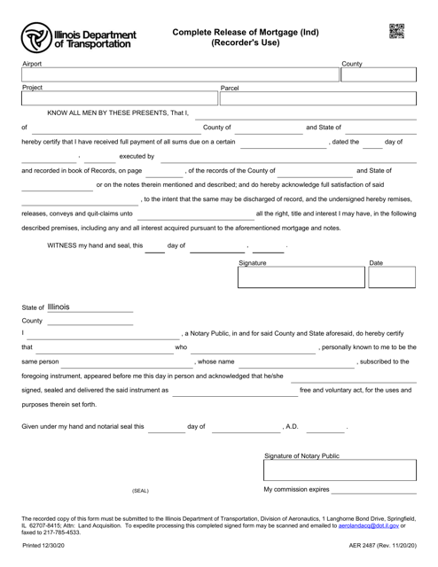 Form AER2487 Complete Release of Mortgage (By Individual) - Illinois