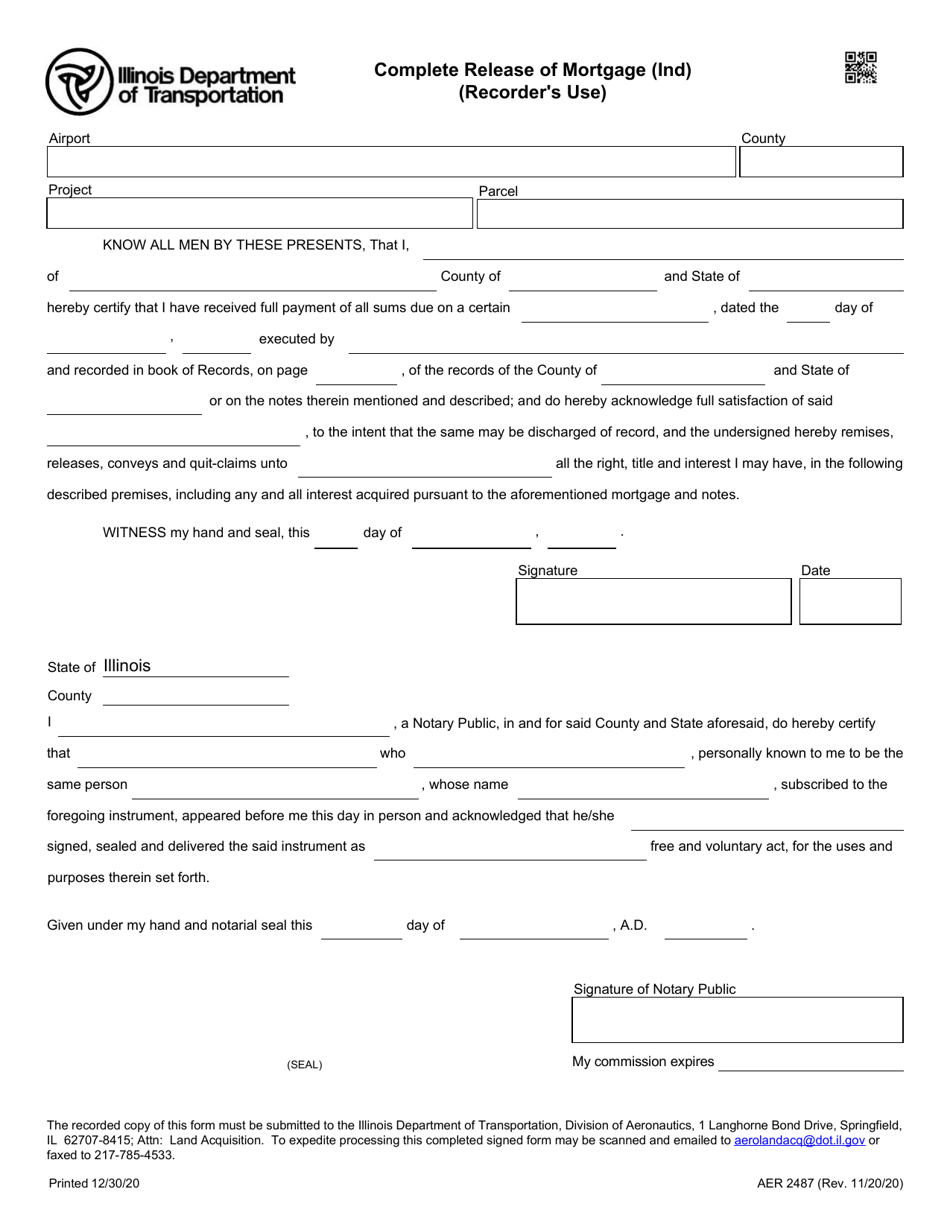 Form AER2487 Complete Release of Mortgage (By Individual) - Illinois, Page 1