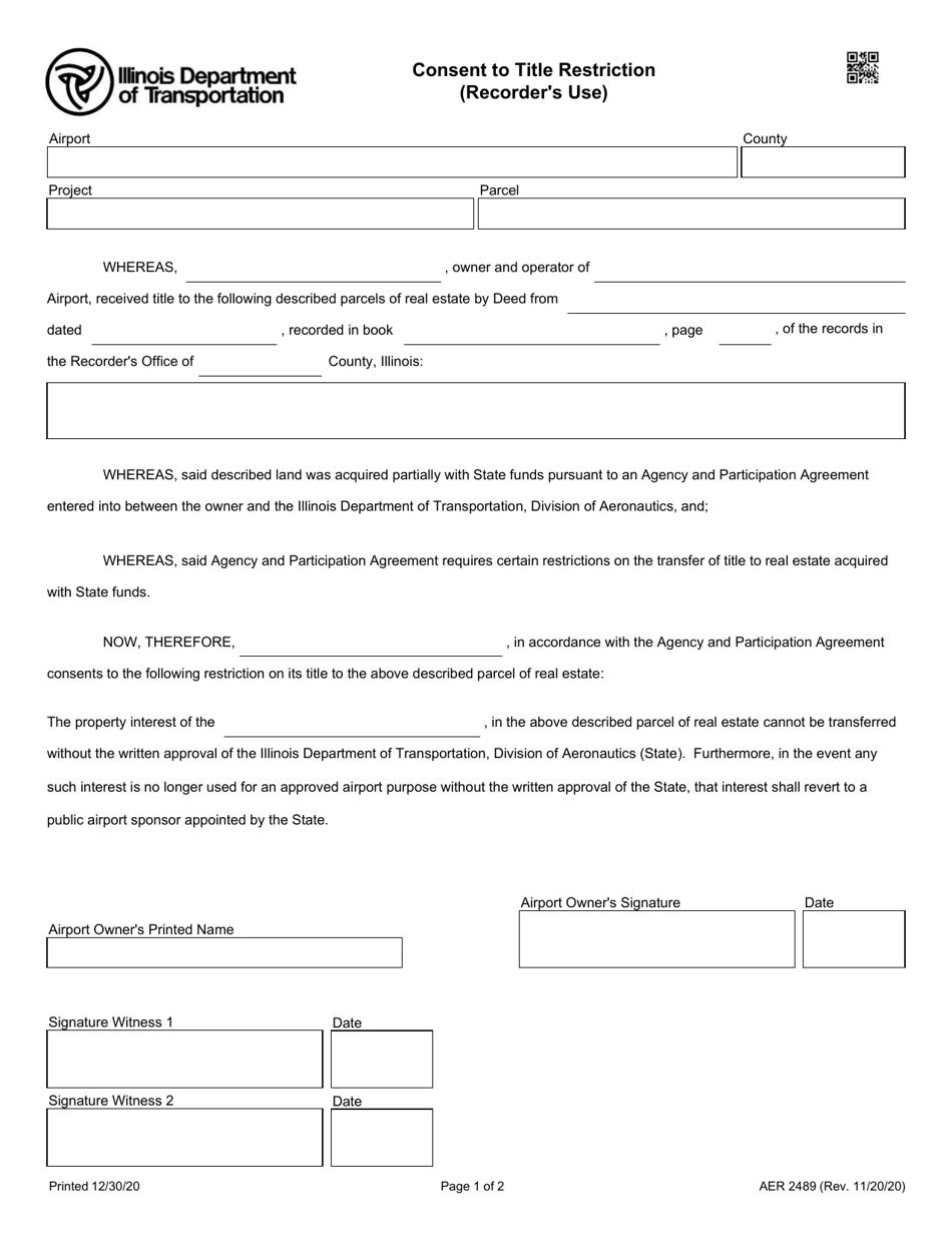 Form AER2489 Consent to Title Restriction - Illinois, Page 1