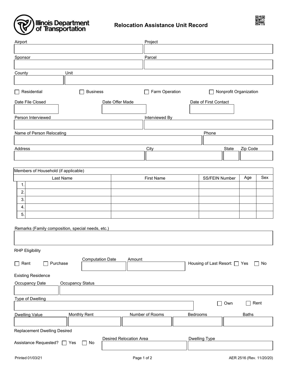 Form AER2516 Relocation Assistance Unit Record - Illinois, Page 1