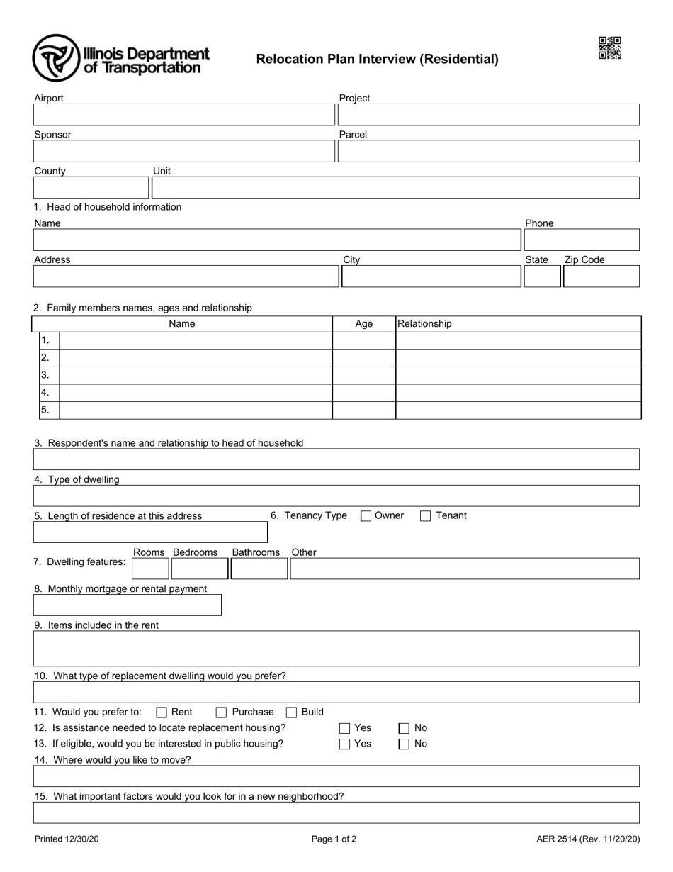 Form AER2514 Relocation Plan Interview (Residential) - Illinois, Page 1