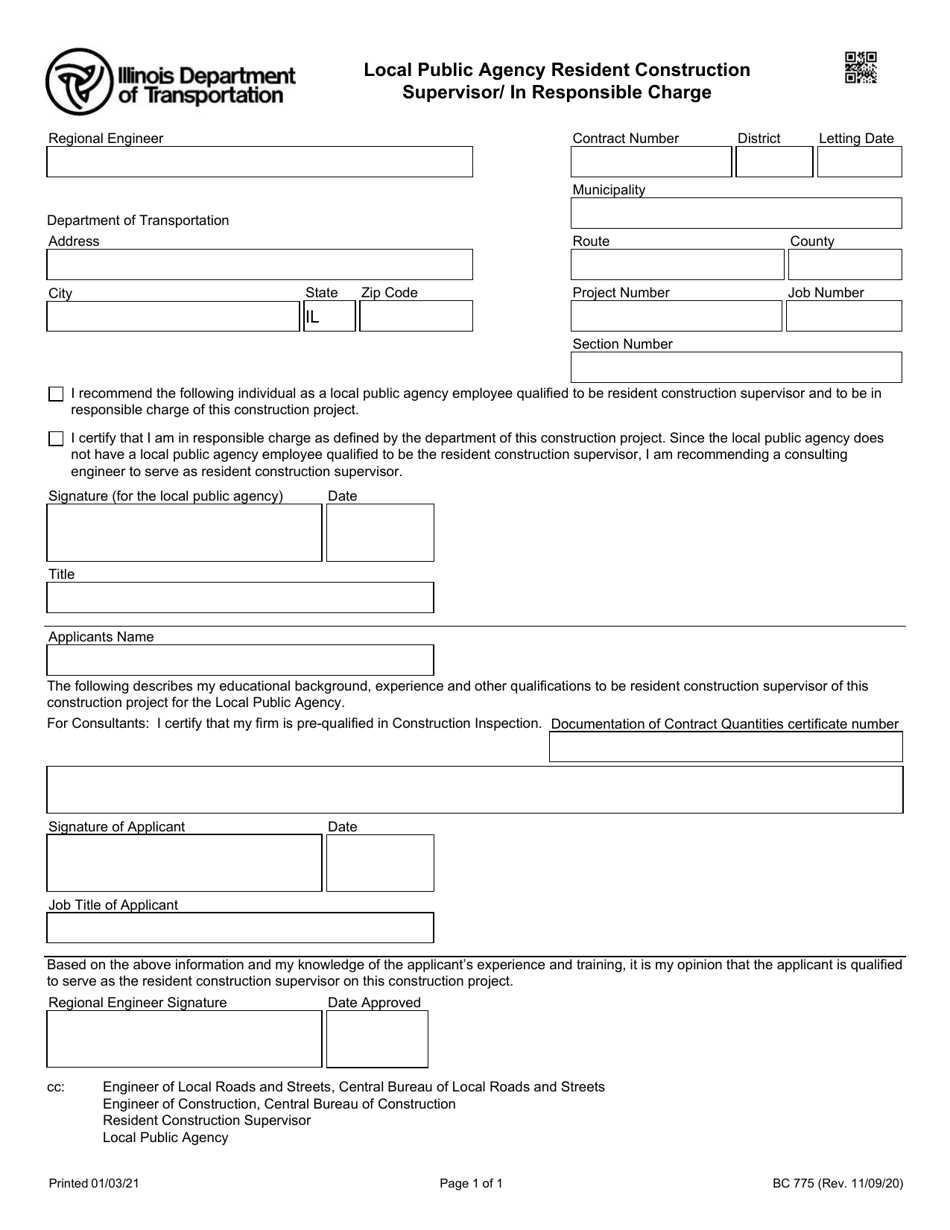 Form BC775 Local Public Agency Resident Construction Supervisor / in Responsible Charge - Illinois, Page 1