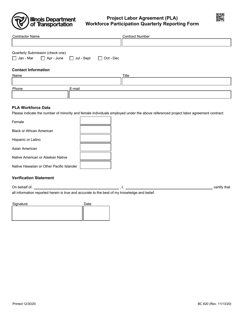 Form BC820 Project Labor Agreement (Pla) Workforce Participation Quarterly Reporting Form - Illinois, Page 1