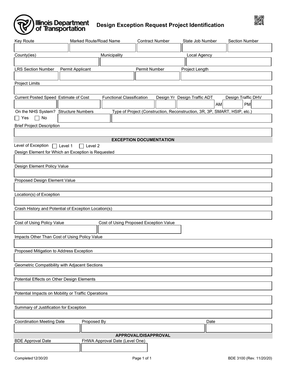 Form BDE3100 Design Exception Request Project Identification - Illinois, Page 1