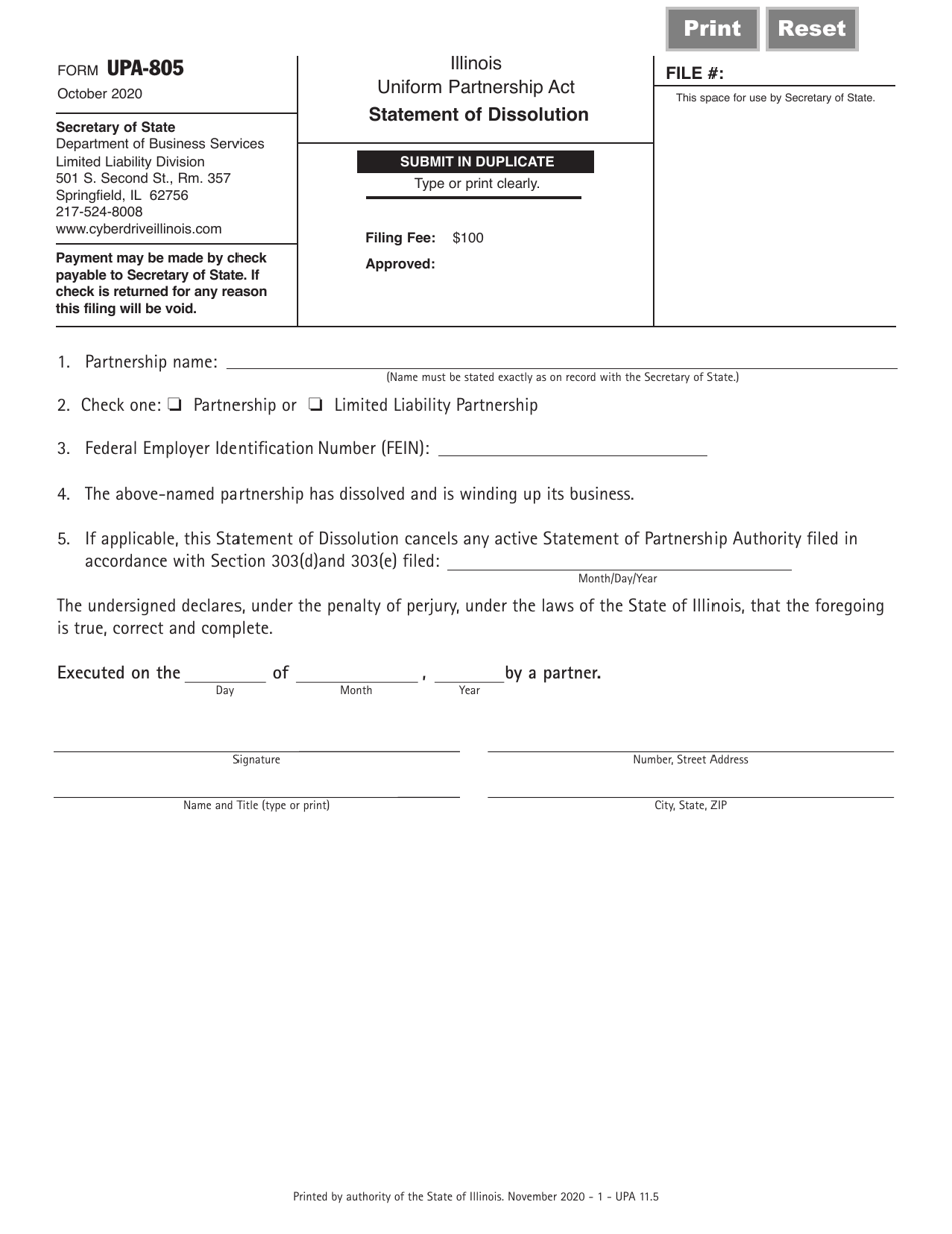 Form UPA-805 Statement of Dissolution - Illinois, Page 1