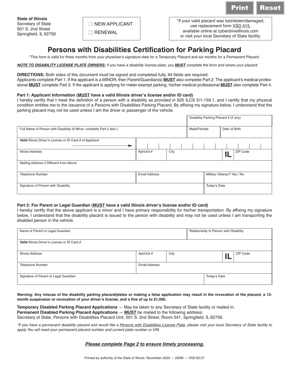 Form VSD62 Persons With Disabilities Certification for Parking Placard - Illinois, Page 1