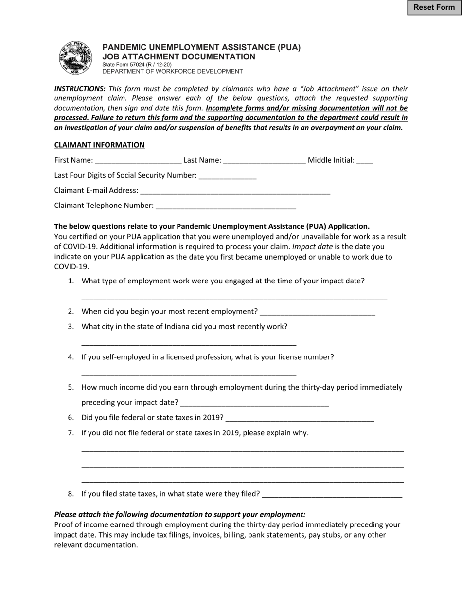 State Form 57024 Pandemic Unemployment Assistance (Pua) Job Attachment Documentation - Indiana, Page 1