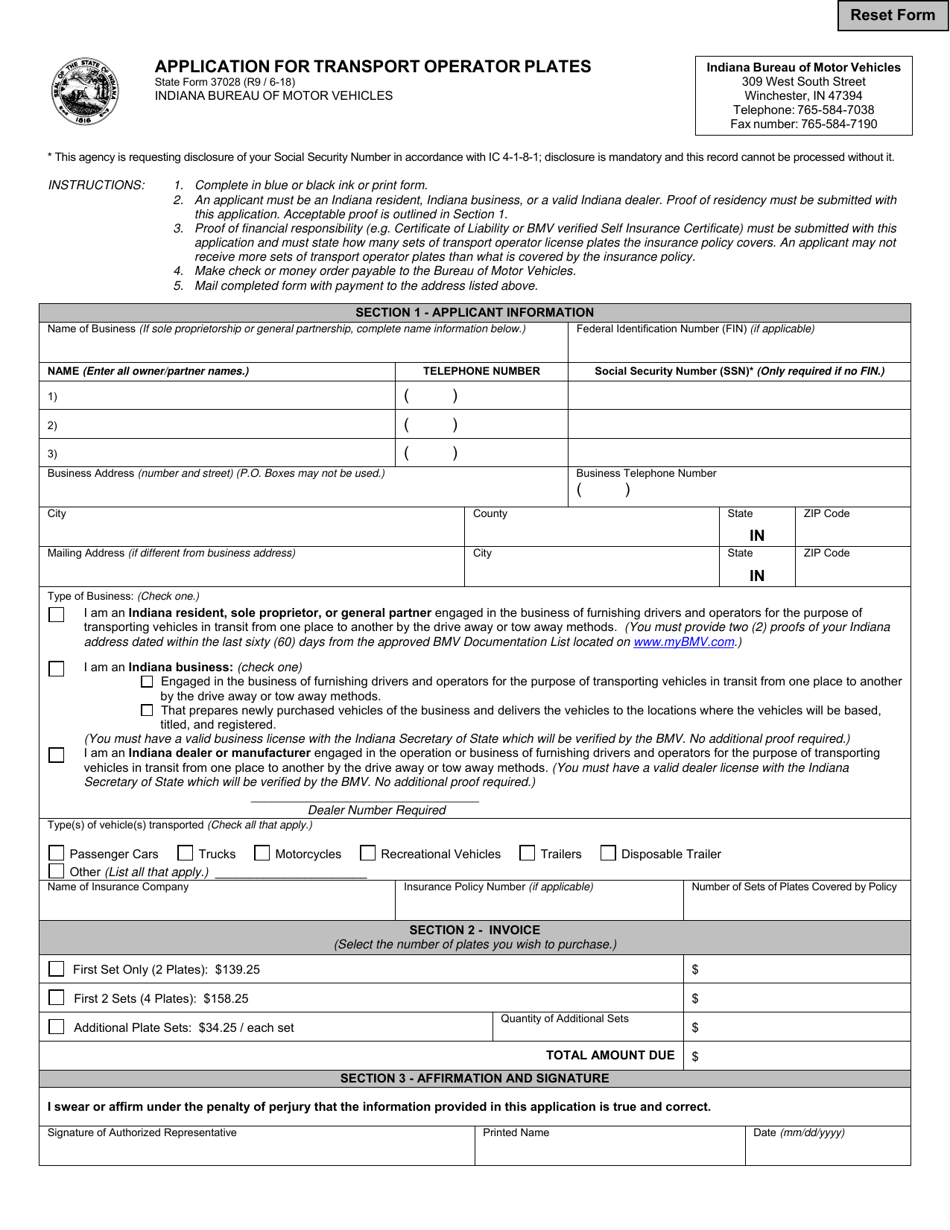 State Form 37028 Application for Transport Operator Plates - Indiana, Page 1