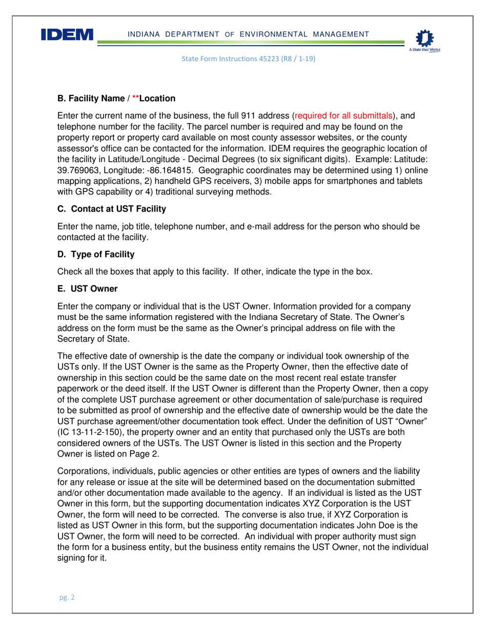 Instructions for State Form 45223 Notification for Underground Storage Tanks - Indiana, Page 2