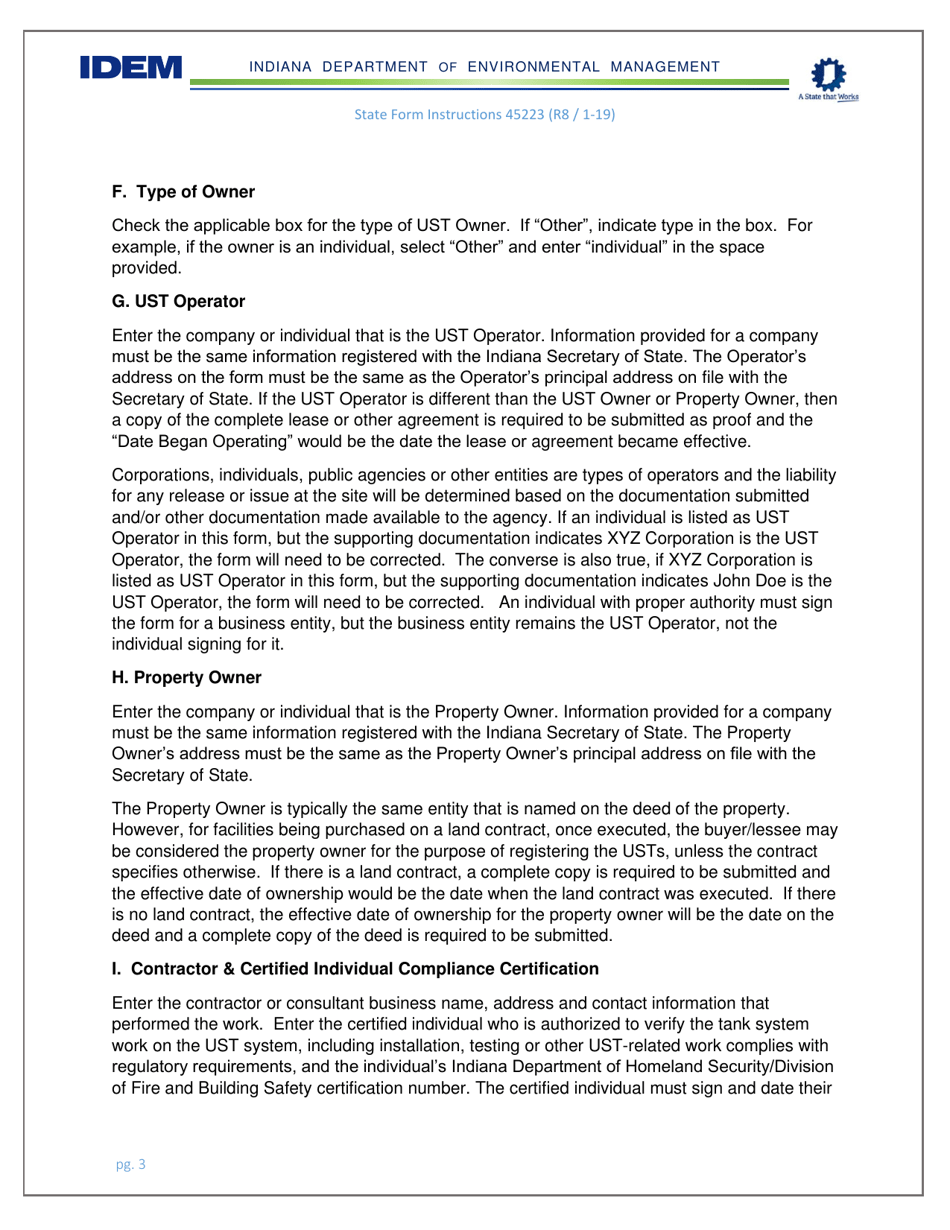 Instructions for State Form 45223 Notification for Underground Storage Tanks - Indiana, Page 3