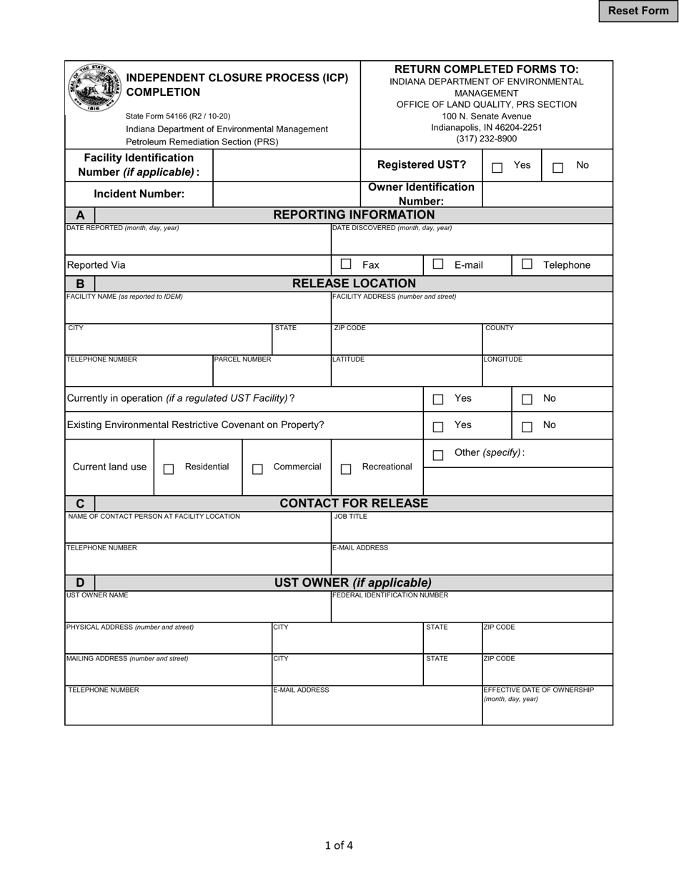 State Form 54166 Independent Closure Process (Icp) Completion - Indiana, Page 1