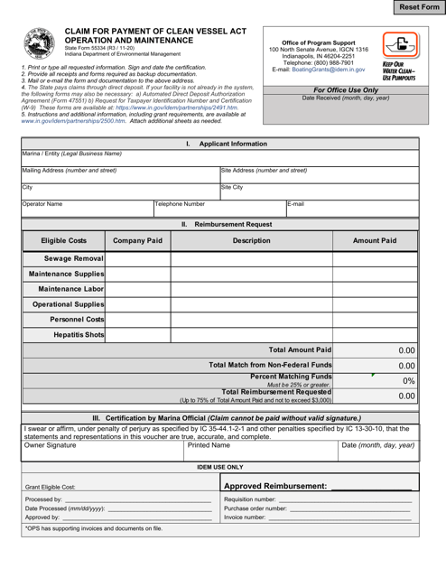 State Form 55334 Claim for Payment of Clean Vessel Act Operation and Maintenance - Indiana