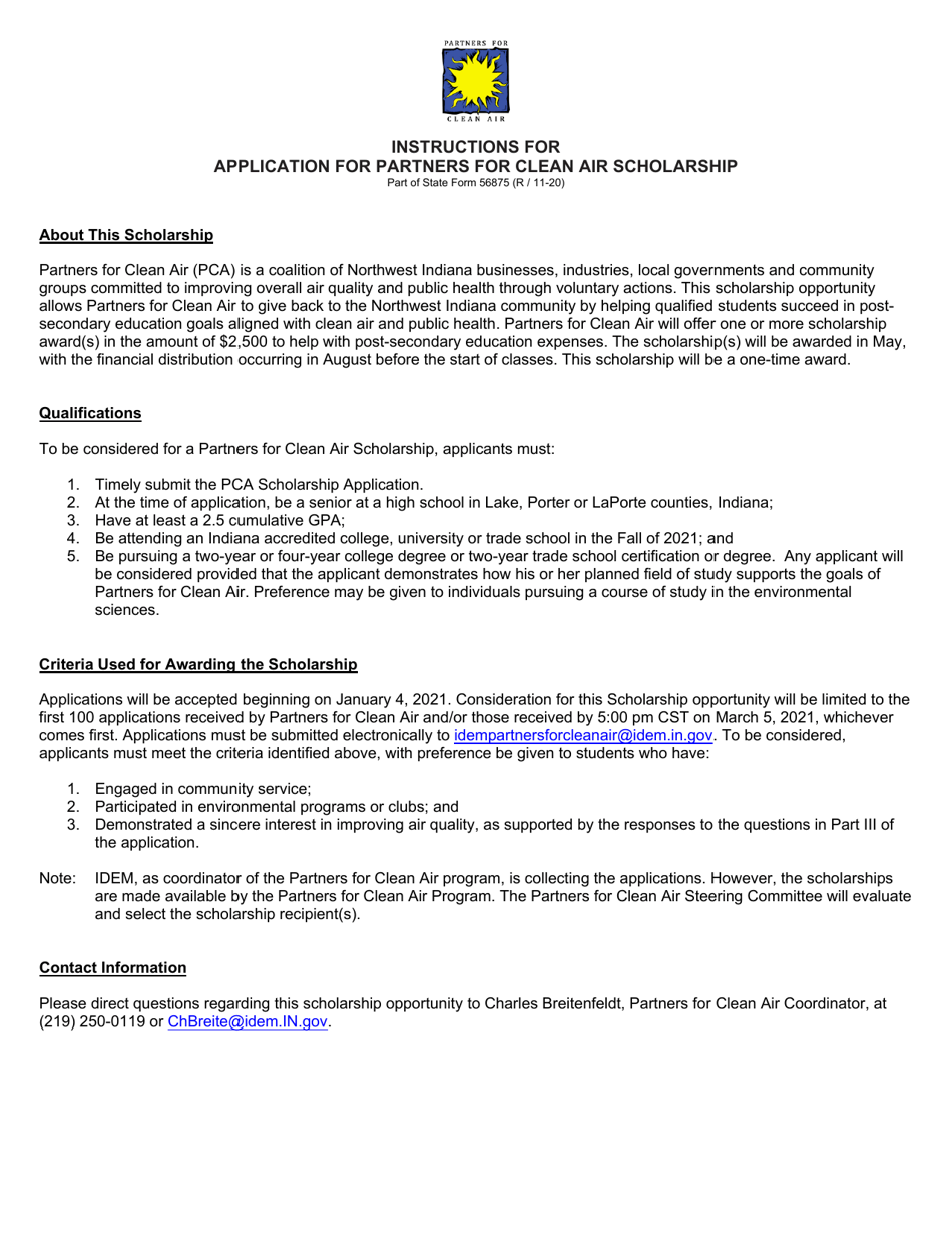 State Form 56875 Application for Partners for Clean Air Scholarship - Indiana, Page 1