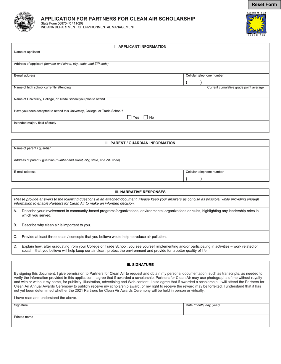 State Form 56875 Application for Partners for Clean Air Scholarship - Indiana, Page 2