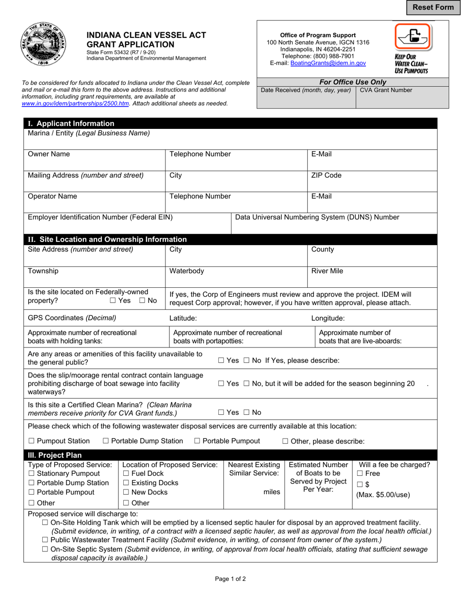 State Form 53432 Indiana Clean Vessel Act Grant Application - Indiana, Page 1