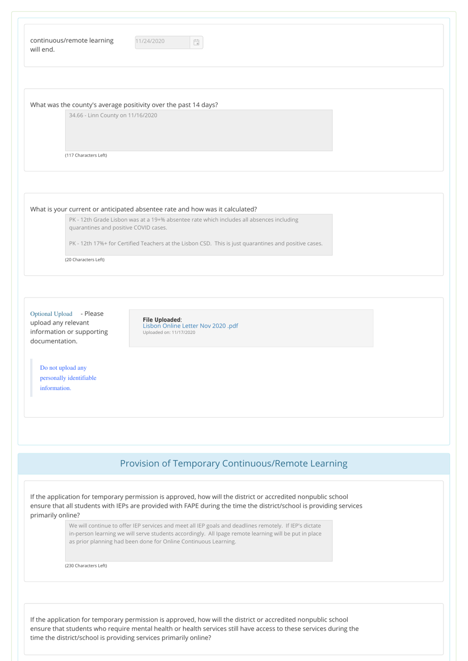 Temporary Permission to Provide Primarily Continuous / Remote Learning (Optional) - Lisbon - Iowa, Page 2