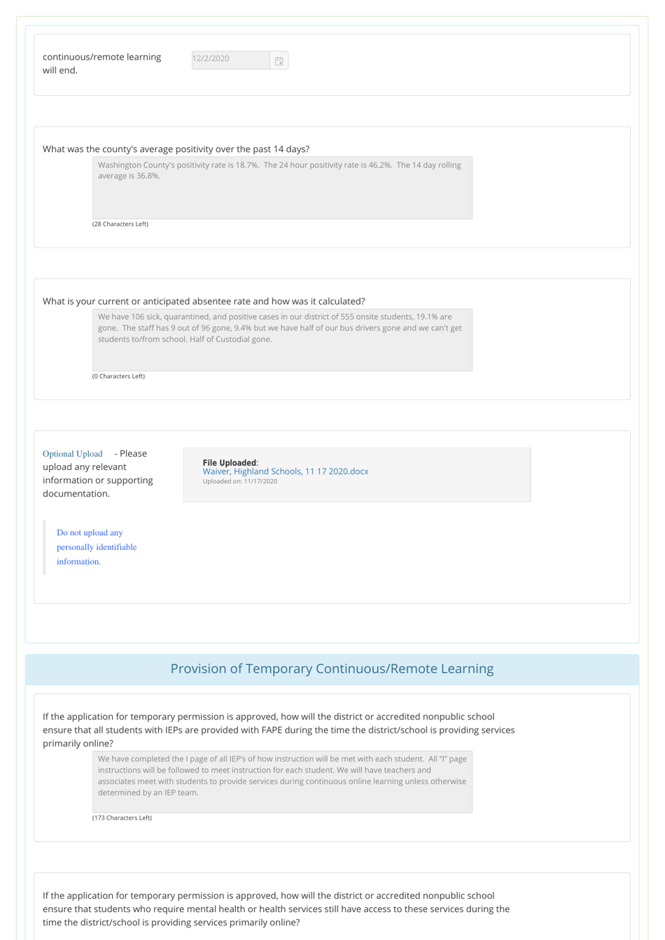 Temporary Permission to Provide Primarily Continuous / Remote Learning (Optional) - Highland - Iowa, Page 2
