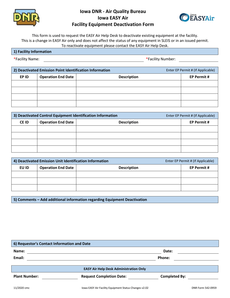 DNR Form 542-0959 Iowa Easy Air Facility Equipment Deactivation Form - Iowa, Page 1