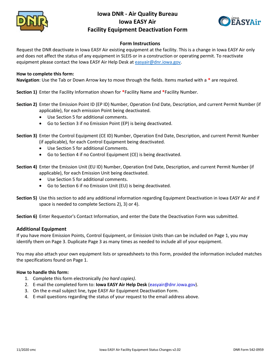 DNR Form 542-0959 Iowa Easy Air Facility Equipment Deactivation Form - Iowa, Page 2
