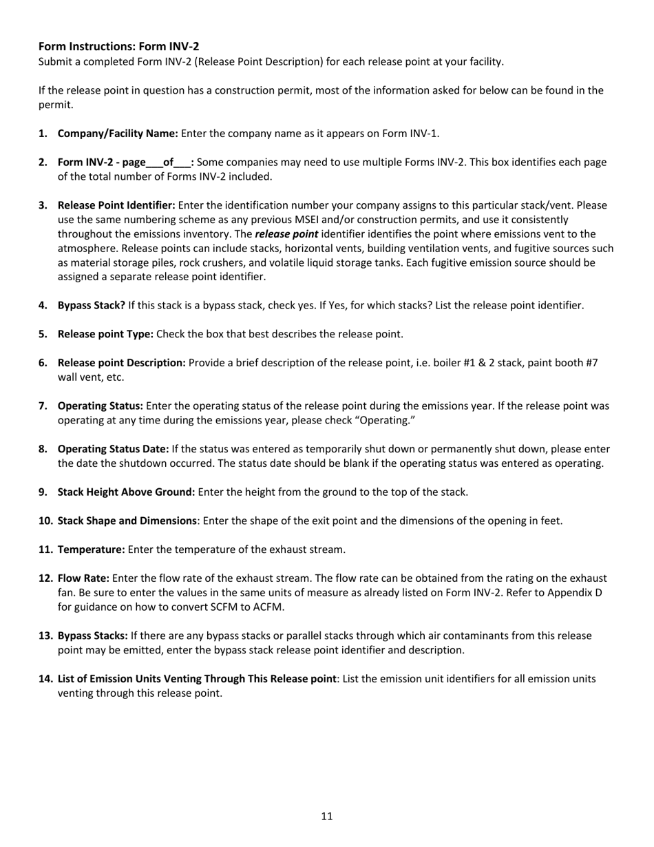 Instructions for DNR Form 542-4004, INV-2 Emission Point Description - Iowa, Page 1