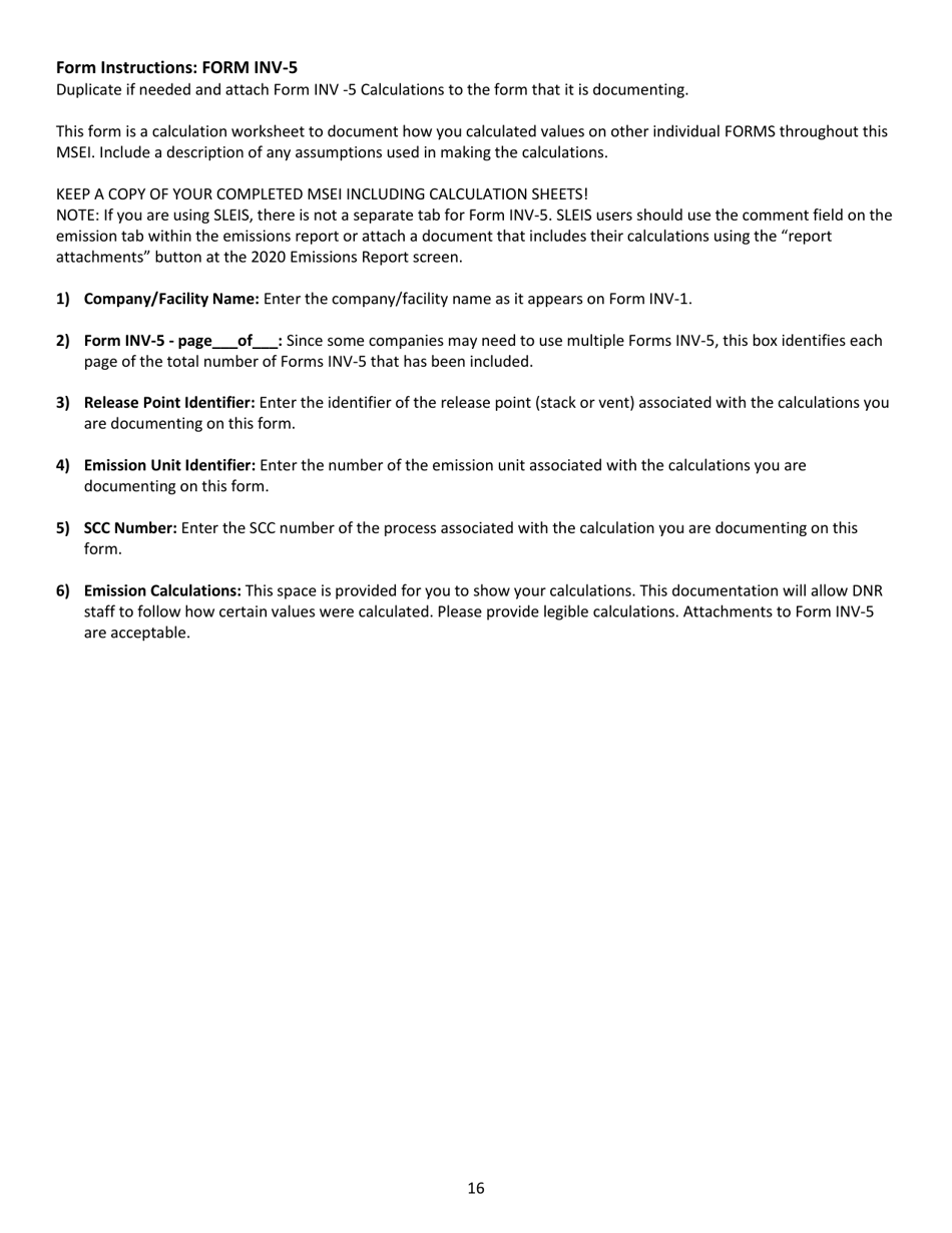 Instructions for DNR Form 542-4003, INV-5 Calculations - Iowa, Page 1